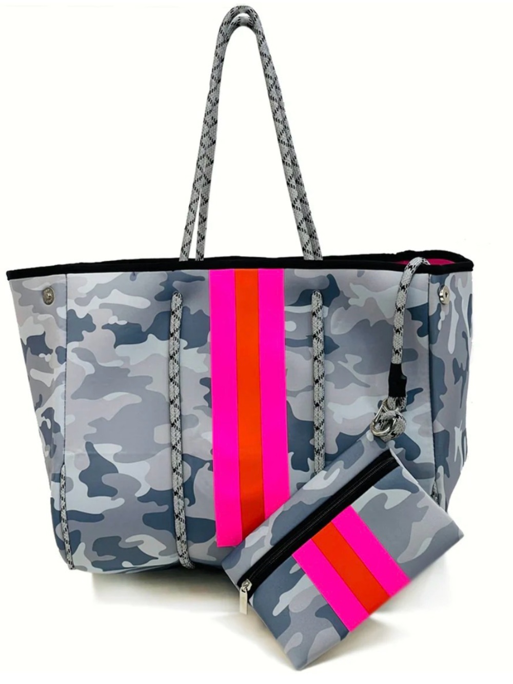 Gray Camo Tote with Hot Pink & Orange Center Stripes - Women's Bag